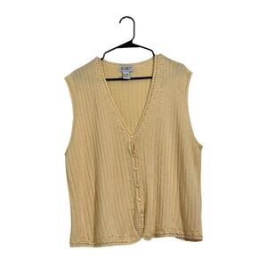 Koret Pastel Yellow Ribbed Knit Beaded V-Neck Button Front Vest Womens XL